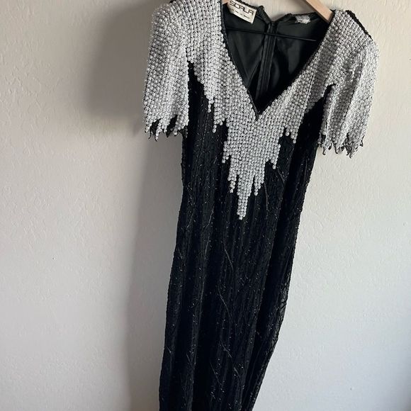 SCALA Vintage Beaded Black And White Long Silk Gown Dress Size M - Picture 8 of 8